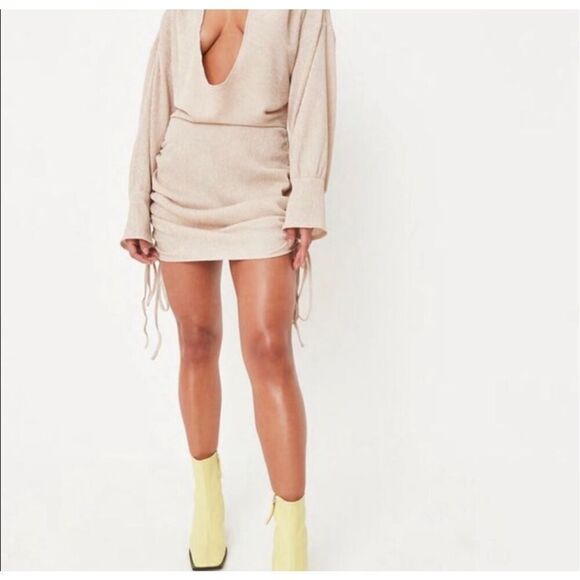 Missguided NWT TALL crinkled texture drape front mini dress tan/cream color size - Picture 2 of 9